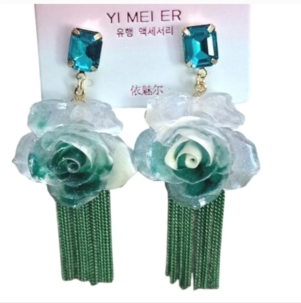 Fashion Earrings Rose with Chain Fringe Dangle Stud